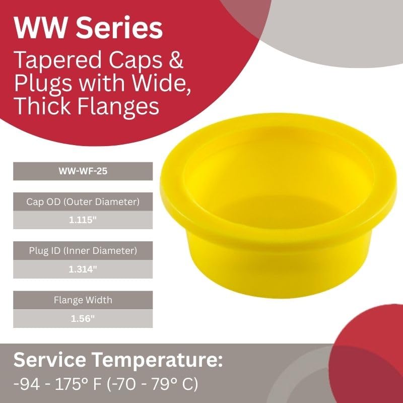 Image of Caplugs WW-WF-25 WW Series, Plastic Tapered Cap & Plug with Wide Thick Flange, Yellow LD-PE, Cap OD 1.115 inch x Plug ID 1.314 inch, Threaded and Non-Threaded Protection, Masking, Pack of 300 (QWF251AO1)