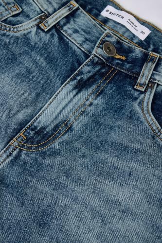 Image of SNITCH Men Flared Fit Jeans | Mid Rise Stone-Washed Denim with Raw Frayed Hem & 5-Pocket Design | 100% Cotton Woven Fabric for Casual & Everyday Wear