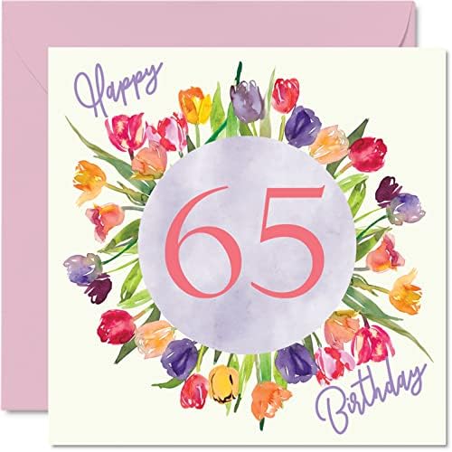 Beautiful 75th Birthday Cards for Women - Watercolour Tulips Flowers Bouquet - Happy Birthday Card for Her Grandma Nanny Gran Mum Birthday Gifts, 145mm x 145mm Lovely Floral Greeting Cards Gift