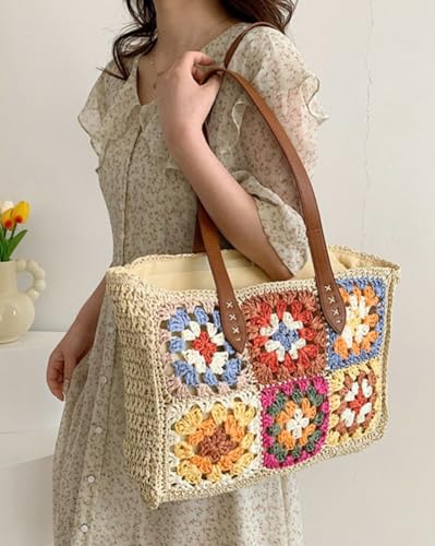 Rungion Straw Bags for Women Large Beach Tote Bag Floral Crochet Woven Shoulder Purse Summer Vacation Top Handle Handbags3