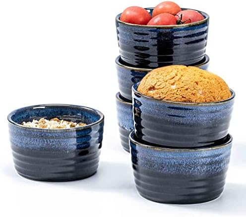 Henten Home Ceramic 8 oz Ramekins, Souffle Ramekins Set of 6, Porcelain Creme Brulee Ramekins for Baking, Ice Cream, Stackable Small Bowls Oven Safe, Reactive Glaze Pudding Cups (Blue)