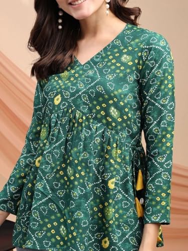 Image of MAHIRA'S Women's Short Kurti, Black Rayon Tunic Top with Embroidered Sleeves, 3 /4 Designer Sleeves