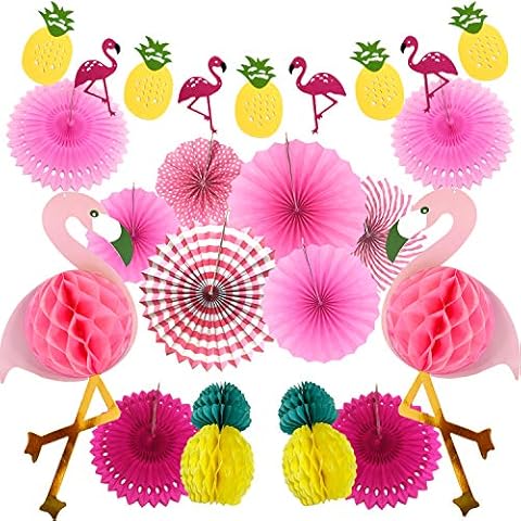 ZERODECO Tropical Flamingo Party Decoration, Pink Flamingo Honeycomb Pom Poms Paper Flowers Pineapples Banner Paper Fans Tassels for Hawaiian Summer Beach Luau Party Cover
