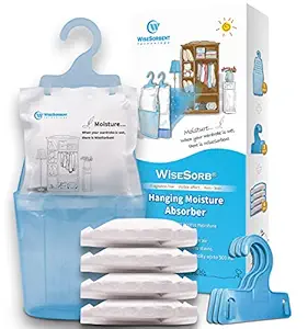 WiseSorb Moisture Absorber Hanging Bags Pack of 4 (7 oz. ea.), Paper Moisture Absorber Packets with Plastic Case & Hook, Humidity Packs, Hanging Closet Dehumidifier Bags