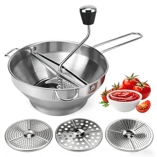 Stainless Steel Food Mill with 3 Grinding Discs - Rotary Hand Crank for Tomato Sauce, Mashed Potatoes, Applesauce, Jams, Puree, Canning | Dishwasher Safe & Ergonomic Design