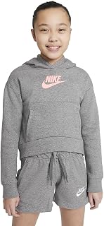 Girls' Sportswear Club Fleece Pullover Hoodie (Large, Carbon Heather/Arctic Punch)