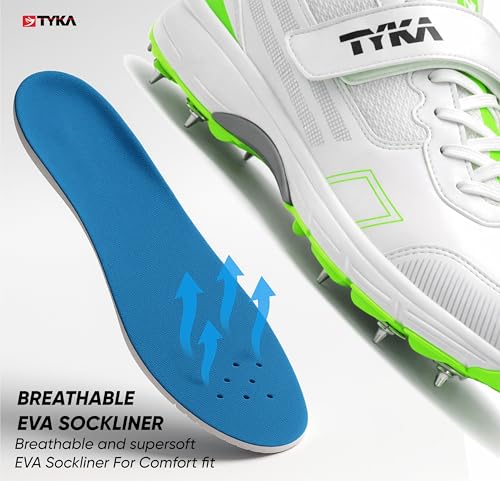 Image of TYKA Cricket Shoes Spikes for Junior | Synthetic PU Upper | Genuine Rubber and Phylon Sole | Lace Closure | Field Sports Shoes | Grip Support | Practice & Match Play