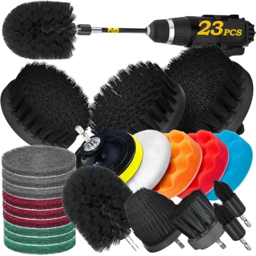 Image of 23pcs Drill Brush Attachment Scrub Pad Sponge Buffing Pad Power Scrubber Brush with Extended Long Attachment Car Polishing Pad Kit, Black Scouring Pads and Sponge