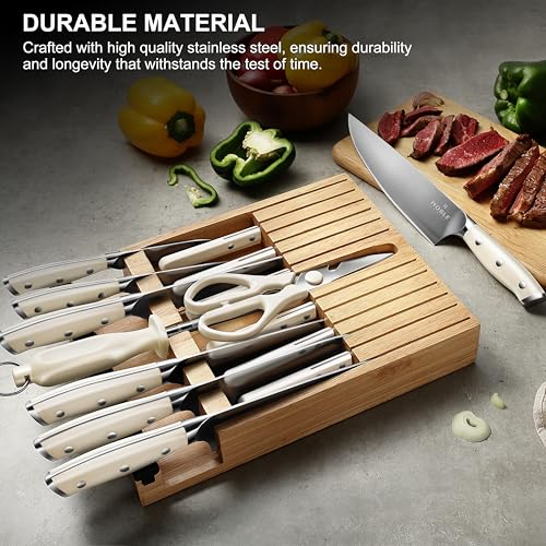 Image of N NOBLE FAMILY In-drawer Knife Block Set, 16PCS Kitchen Knife Set with Wooden Block, Chopping Knives Set, Stainless Steel Knife Block Set, Sharp Cooking Knife Set with Cutting Board, Rust Proof, White