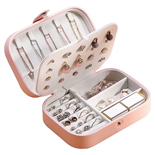 Luvio Small Travel Jewelry Box for Women - Portable Jewelry Organizer Case for Rings, Earrings, Necklaces, Studs - PU Leather Double Layer Mini Jewelry Storage Gift Box for Girls (Pink)