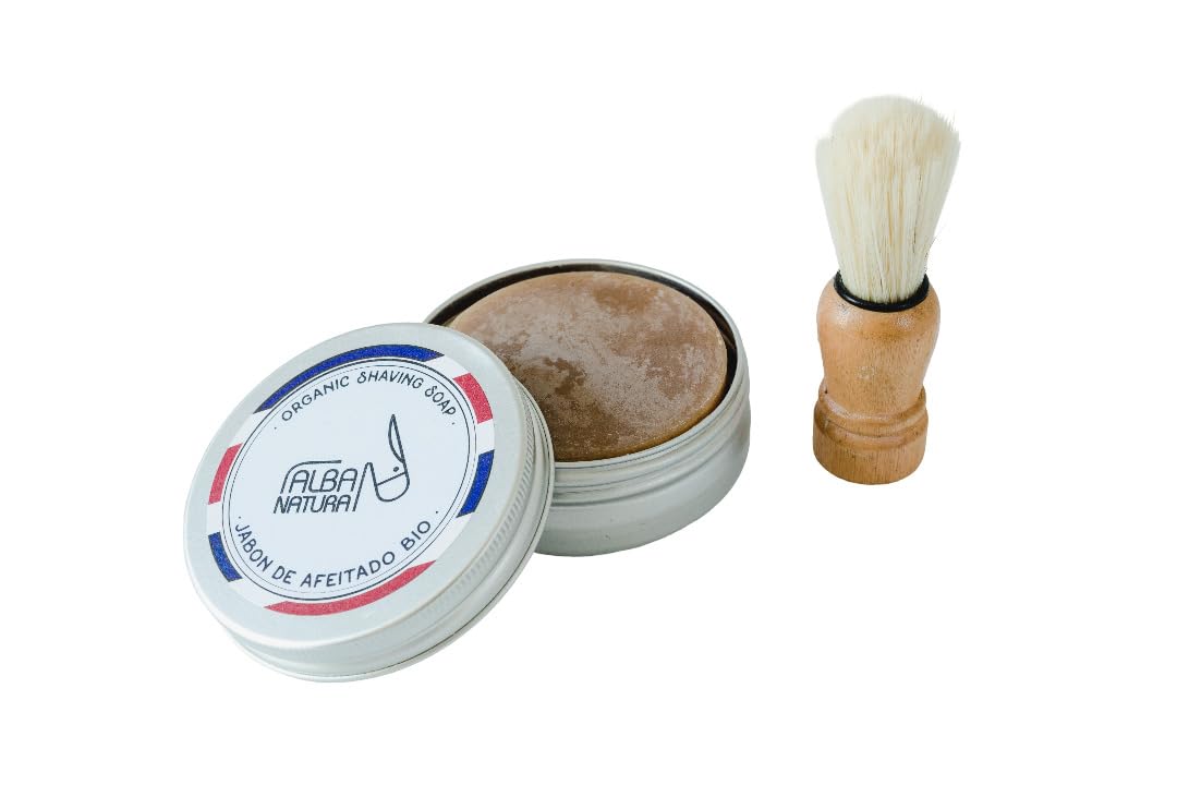 Alba Natura - Pack Afeitado - Incluye: Jabón de Afeitado + Brocha Afeitado - Jabón Hecho a Base de Aceite de Coco y Leche de Burra -Sensación de Frescor - Piel Suave Tras el Afeitado