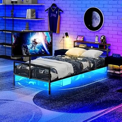 YHFEXYT 88.6" Twin XL Gaming Bed Frame with TV Mount, Metal Platform Bed with Charging Station and RGB LED Lights, Heavy Duty Bed Frame with 2-Tier Storage Headboard Teenagers No Box Spring Needed