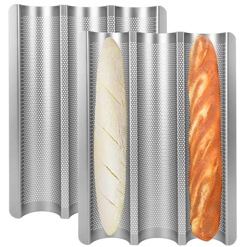 Barlket Baguette Backform Antihaft, 2 Pcs Baguetteblech für 3 Baguettes, 38x28cm, Silber Backform für französisches Brot, Ofen-Backgeschenke für Hobbybäcker