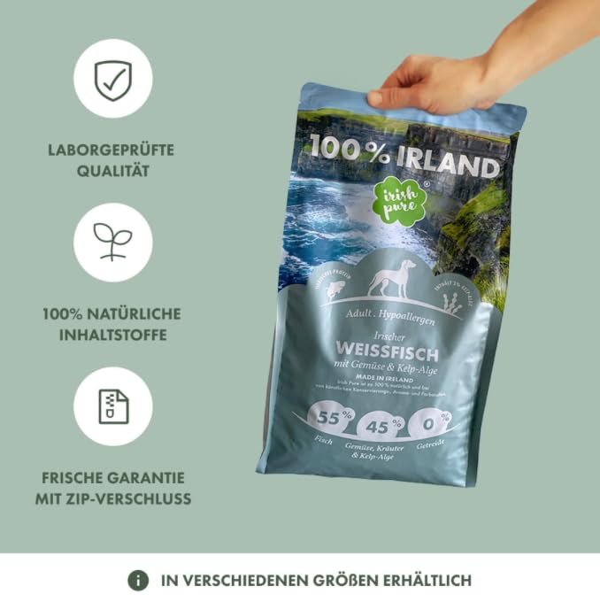 Irish Pure 4kg Trockenfutter Adult | Irischer Weißfisch mit Gemüse & Kelp-Alge | Hoher Fleischanteil | Getreidefrei | Hypoallergen | Single-Protein Hundefutter für ausgewachsene Hunde Aller Rassen