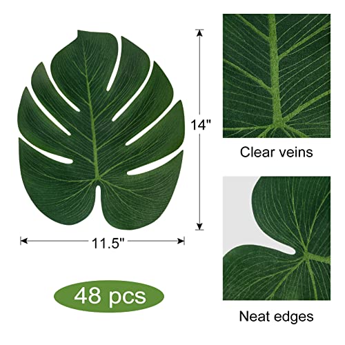 Attmu 48 Pcs 14" Large Artificial Palm Leaves, Fake Monstera Leaves, Tropical Leaves For Safari Birthday Wedding, Jungle Luau Hawaiian Party Table Decorations #TOP6