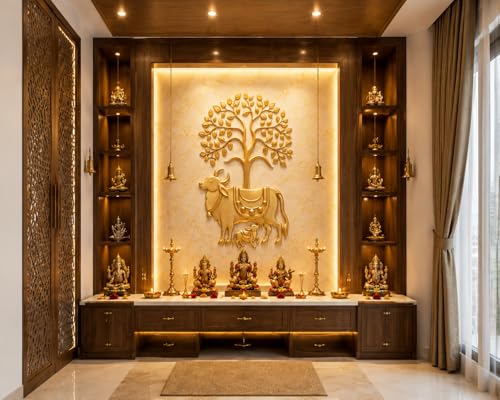 Image of Pichwai Cow Wallpaper for Mandir, 4X3 feet | Self-Adhesive Vinyl, Removable Marble Wall Sticker
