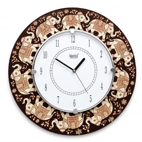 Image of Ajanta Quartz 16-Inch Round Wall Clock (41 x 41 cm) ? Premium Traditional Rajasthani Elephant Art Design | Decorative Ethnic Wall Watch with Tick-Tack Sound for Living Room, Home and Office