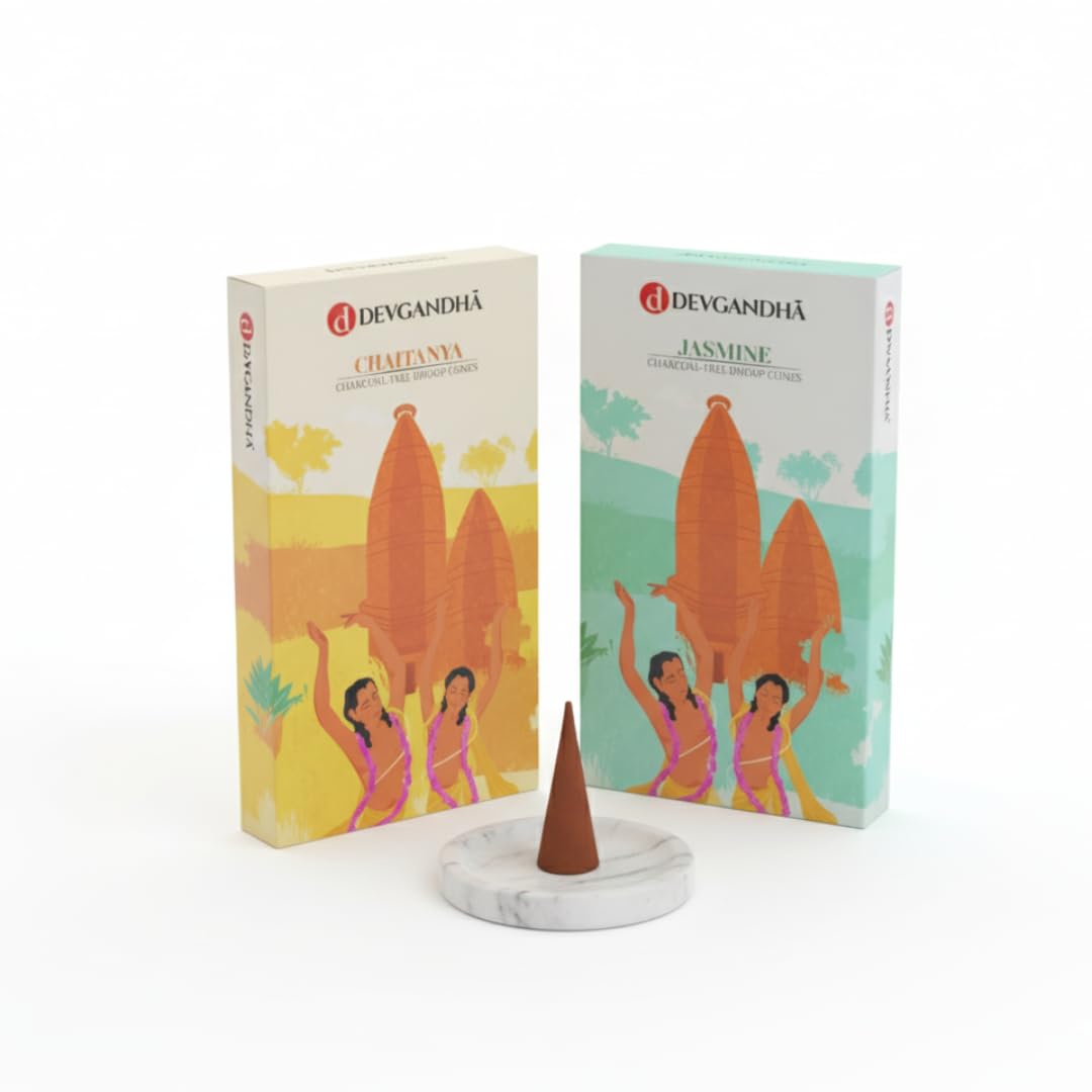 Devgandha Pack of 2 Dhoop Cones | Fragrance of Vrindavan | 2 fragrances Chaitanya & Jasmine | 300 GM (Approx. 100 Cones) | Charcoal-Free Dhoop Cones