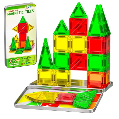SKTMYY Mini Magnetic Tiles,Travel Magnetic Tiles with Iron Box,Car Airplane Travel Essentials for Kids Ages 3+,Creative STEM Magnet Toys Birthday Gift for Boys & Girls