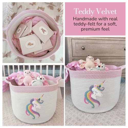 Image of Unicorn Baby Storage Basket, Woven Cotton Rope Nursery Bin, 15x11 in | Stuffed Animal and Blanket Storage, Soft Felt Unicorn Patch, Baby Girl Room Decor, Shower Gift, Kids Playroom Organizer