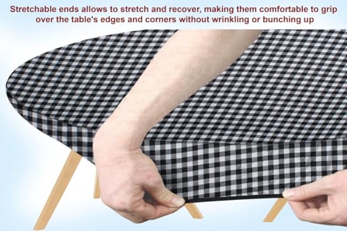 Image of The Furnishing Tree Elastic Oval Dining Table Cover WxL 35x63 in Inches Polyester Checkered Pattern White