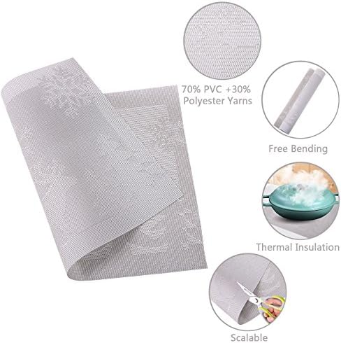 CITÉTOILE Christmas Placemats Set of 4 PVC Christmas Decoraton Table Setting Dining Table Mats Washable Heat Resistant Non-slip Stylish with Pattern Christmas Deer and Tree Rectangle 45x30cm(Sliver)