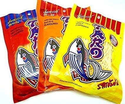 Taro Fish Snack BBQ, Hot Chili, Spicy Thai Food No Fat High Protein (3 x 30 g.) by Thai Premium (Original Version)