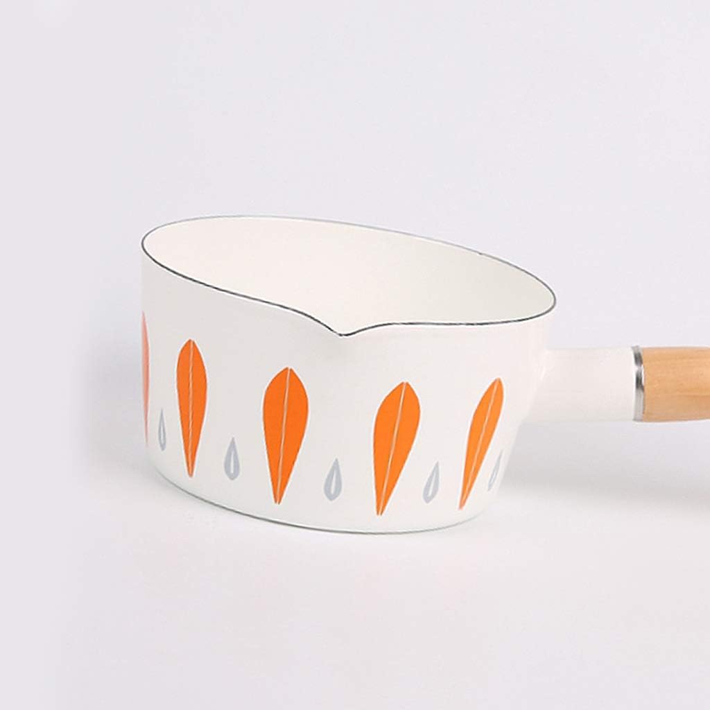 Japanese Style Enamel Milk Pan Mini Butter Warmer 1L Pot Pan Cookware Wooden Handle 15cm Dia-B (B)