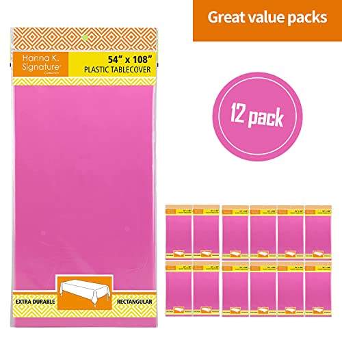 Image of Party Dimensions Pink Plastic Tablecloths, 12 Pack, 54 x 108 Rectangle | Disposable Waterproof Plastic Table Cover for Birthdays, Weddings, Graduations, Picnics & BBQs, Indoor Outdoor, 6-8 ft Tables
