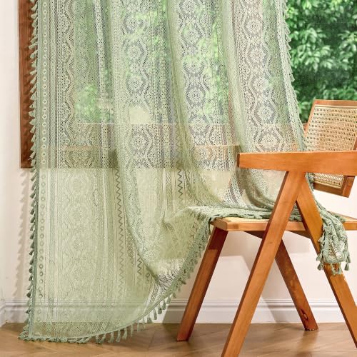 Image of MYSKY HOME Boho Lace Sage Green Sheer Curtains 2 Panels Set 84 inch Long Vintage Floral Crochet Pattern Privacy Rod Pocket Tassels Small Windows Spring Curtains for Living Room Bedroom, 55 inch W