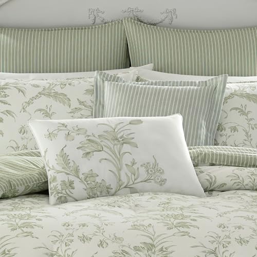 Image of Laura Ashley - Queen Size Bonus Comforter Set, Reversible Cotton Bedding, Includes Matching Shams with Bonus Euro Shams & Throw Pillows (Natalie Green)
