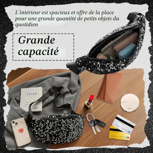 Tarqite Sac banane à paillettes pour femme, brillant, élégant, imperméable, bandoulière réglable, pour camping, fitness, voyage, fête, festival, noir, 32 x 15 cm – vue 4