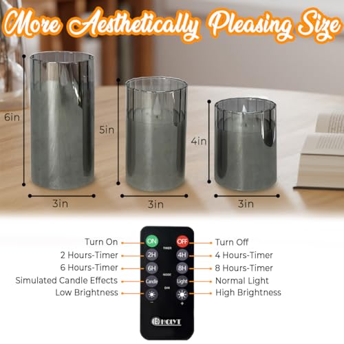 Image of LEDHOLYT Rechargeable Flameless Candle, Flashing LED Pillar Real Wax Candle with Remote Control and Timer, Grey Stripes Glass Electronic Candles for Room Decoration, 1 Set of 3