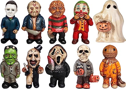 Horror Movie Garden Statue 10pcs Horror Movie Garden Gnomes Killer Set Nightmare on Elm Street Murderers Michael Myers Freddy Jason Halloween Zombie Gnome Resin Figurines for Halloween Decor