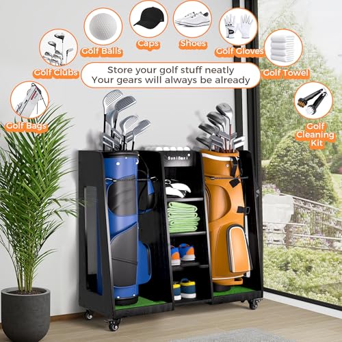 Golf-Bag-Organizer-for-2-Bags-Storage-Wooden-Golf-Bag-Stand-Rack-with-Wheels-Heavy-Duty-Space-Saving-Golf-Club-Holder-for-Golfers-Husband-Father-Golf-Bag-Storage-Rack-Golf-Bag-Holder-Heavy-Duty-Space-