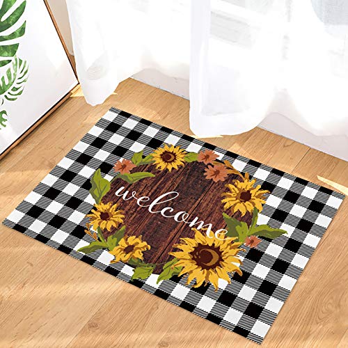 Aomike Indoor Outdoor Doormat Summer Fresh Sunflower Circle Black Buffalo Check Plaid Entrance Door Mat Durable Floor Mat Low-Profile Rug For Home Office Garden, 16" X 24" #TOP3