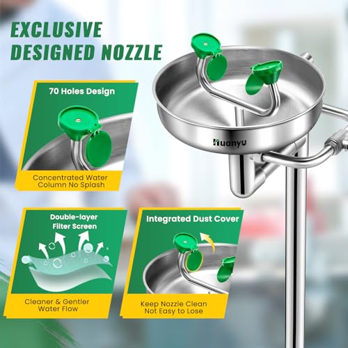Image of Huanyu Stand Up Eye Wash Station Floor Mounted Eyewash Station Adjustable Water Flow Emergency Eye Washing Station Stainless Steel with Eye Wash Sign Factory (1207-1 Silver)