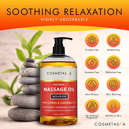Natural Nourishing Coconut & Citrus Massage Oil- Smooth Glide, Non Greasy Therapeutic Massage Oils With Rejuvenating, Hydrating & Aromatic Essential Oils For Dry Skin, Soothes Muscle & Joints 8.8 Oz #TOP5