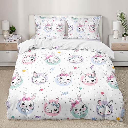 AILONEN Rabbit Duvet Cover Set Twin Size, Cute Rabbit Bunny Kids Bedding Set,Modern Minimalist Kawaii Comforter Cover Set 3 Pieces, 1 Quilt Cover and 2 Pillowcases(No Comforter)