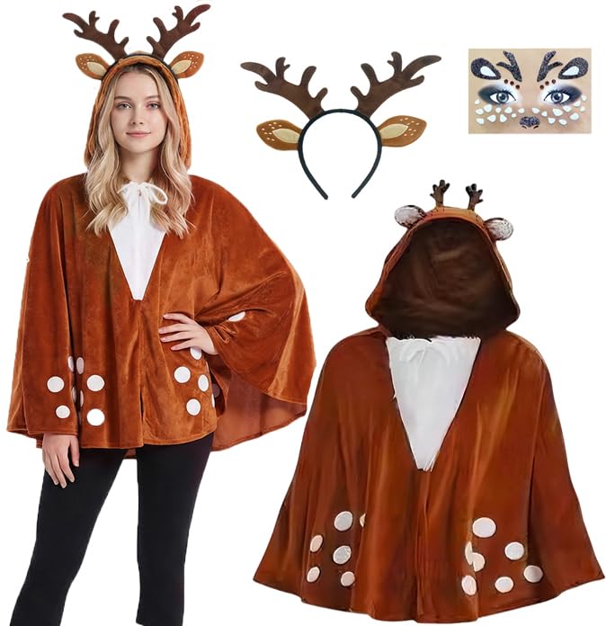 Costume cerf avec cape à capuche et serre-tête léger pour carnaval et cosplay