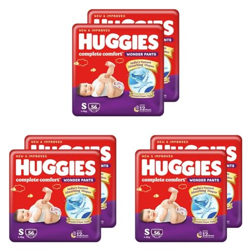 Image of Huggies Complete Comfort Wonder Pants | Pant Style Baby Diapers Small Size (S), 112 Count | India's Fastest Absorbing Diaper, Prevents Diaper Rash, Ideal for 4 to 8 Kgs (56 Count, Pack of 6)