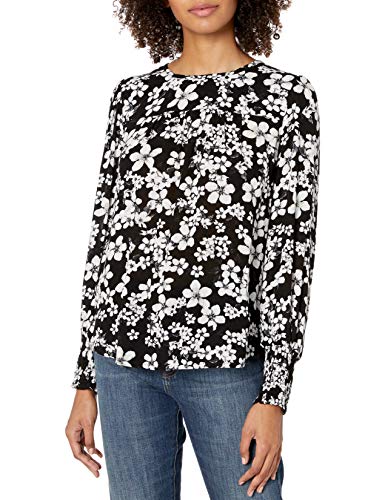 Lucky Brand Women's Printed Smocked Cuff Top, Black Multi, S