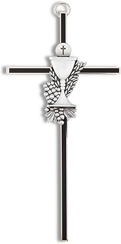 Needzo Cruz de pared esmaltada negra de primera comunión, cáliz con anfitrión y uvas, centro de mesa católico pensado para niños, 6 pulgadas