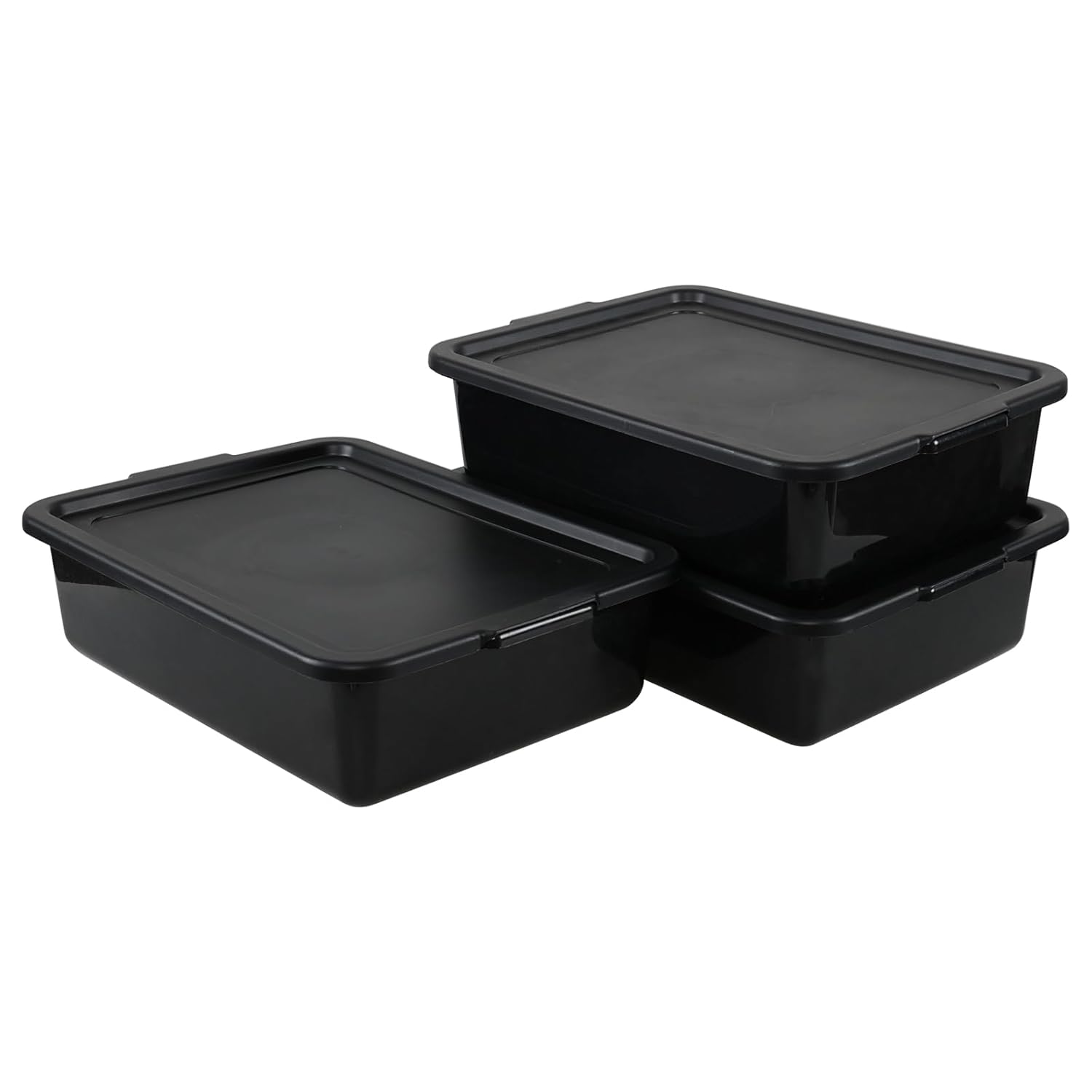 3-Pack 13 L Plastic Commercial Bus Tubs with Lid, Restaurant Dish Bus Box Totes, Black