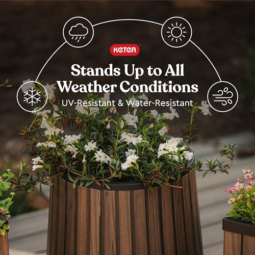 Image of Keter Signature Conic 23.8 Inch Tall Round Large Wood Look Planter for Indoor or Outdoor Flower Pot Ideal for Patio Deck and Front Porch Decor, Rosewood