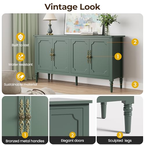 Image of FansaFurn Wood Buffet Sideboard and Media Credenza, Mid Century Modern Console Table with 4 Doors, Pantry Cabinet Accent Storage for Entryway, Living Room, Bedroom, Dining Room, Green1