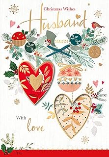 Words & Wishes Husband Christmas Card with Love - Festive Red and Green - Robin, Bauble, Love Heart, Holly and Snowflake