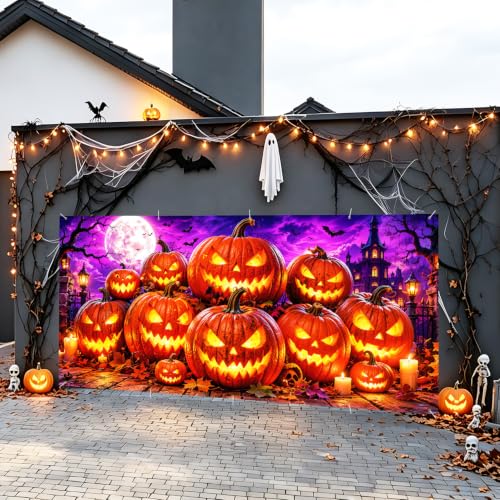 Image of Halloween Garage Door Decorations 7 x 16 ft, Jack O Lantern Cover