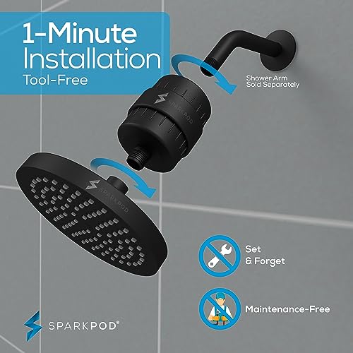 Image of SparkPod Filtered Shower Head, 23-Stage, 6 inch Round, Black Matte | Showerhead for Hard Water, High Pressure, Reduces Chlorine, Heavy Metals, For Dry Skin & Hair, Removable Capsule Filter