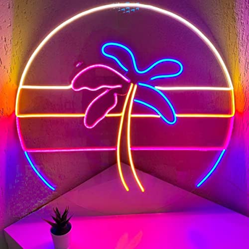 Image of Sunset&Sea LED Neon Signs Palm Tree Neon Lights For Bedroom Decoration Cool Wall Decor For Living Room Boy's Girls Room USB Powered(12 * 12 inch)